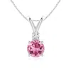 Angara Round Pink Tourmaline Solitaire V-bale Pendant With Diamond In White Gold/medium Pink