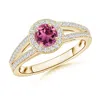 Angara Round Pink Tourmaline Split Shank Ring With Diamond Halo In Yellow Gold/rich Pink