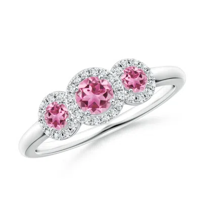 Angara Round Pink Tourmaline Three Stone Halo Ring With Diamonds In Metallic