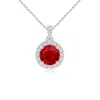 Angara Round Ruby Dangle Pendant With Diamond Halo In White Gold/medium Red