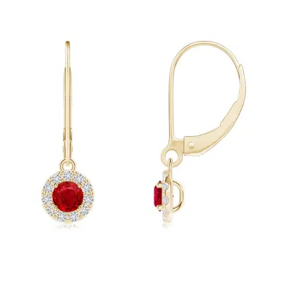 Angara Round Ruby Leverback Halo Dangle Earrings In Red