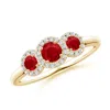 Angara Round Ruby Three Stone Halo Ring With Diamonds In Yellow Gold/medium Red