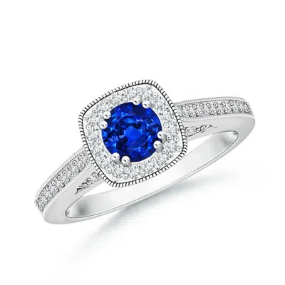Angara Round Sapphire Cushion Halo Ring With Milgrain