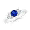 Angara Round Sapphire Solitaire Ring With Trio Diamonds In White Gold/deep Rich Blue