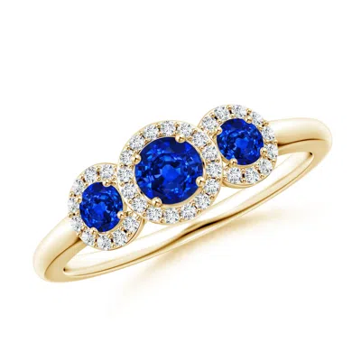 Angara Round Sapphire Three Stone Halo Ring With Diamonds In Gold