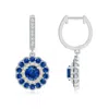 Angara Round Sapphire Two Tone Drop Earrings With Double Halo