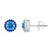 Angara Round Swiss Blue Topaz And Sapphire Halo Stud Earrings In White Gold/swiss Blue