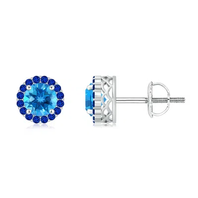 Angara Round Swiss Blue Topaz And Sapphire Halo Stud Earrings In Metallic