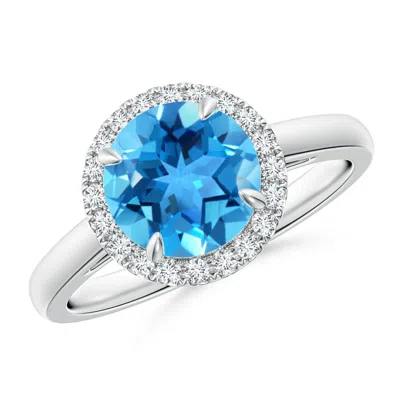 Angara Round Swiss Blue Topaz Cathedral Ring With Diamond Halo In White Gold/light Swiss Blue