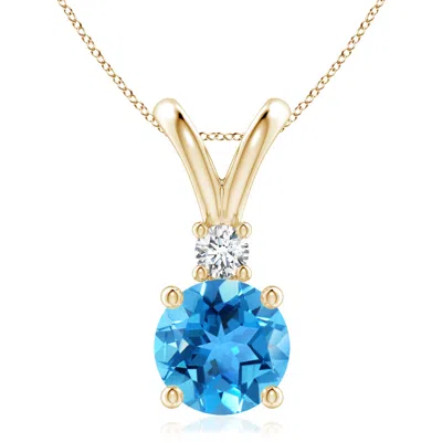 Angara Round Swiss Blue Topaz Solitaire V-bale Pendant With Diamond In Gold