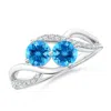 Angara Round Swiss Blue Topaz Two Stone Bypass Ring With Diamonds In White Gold/swiss Blue