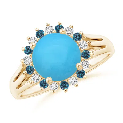 Angara Round Turquoise Triple Split Shank Ring With Alternating Halo In Blue