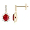 Angara Ruby Dangle Earrings With Floral Diamond Halo In Yellow Gold/medium Red