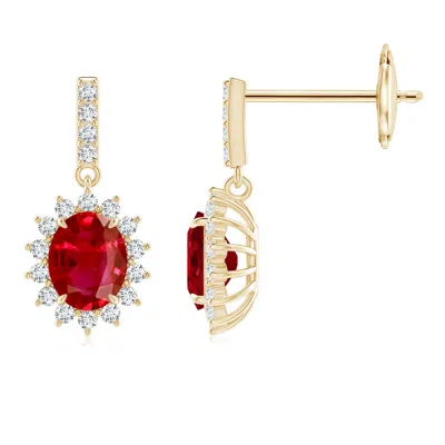 Angara Ruby Dangle Earrings With Floral Diamond Halo In Gold