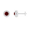 Angara Ruby Stud Earrings With Bar-set Diamond Halo In White Gold/deep Rich Red