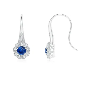 Angara Sapphire And Diamond Halo Fish Hook Earrings With Milgrain In Metallic