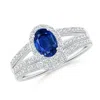 Angara Sapphire And Diamond Split Shank Bridal Set In White Gold/medium To Rich Blue