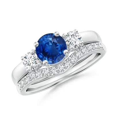 Angara Sapphire And Diamond Three Stone Bridal Set In Blue
