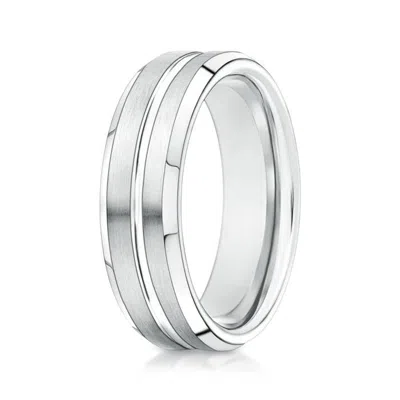 Angara Satin Finished Polished Grooved Wedding Band For Men In White Gold