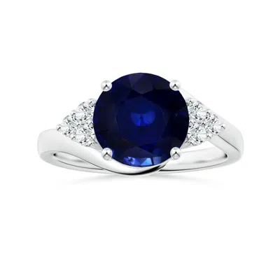 Angara Side Stone Gia Certified Round Blue Sapphire Bypass Ring With Diamonds In Metallic
