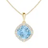 Angara Sideways Cushion Aquamarine And Diamond Halo Pendant In Yellow Gold/swiss Blue