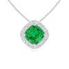 Angara Sideways Cushion Emerald Halo Pendant With Diamonds In White Gold/rich Medium Green