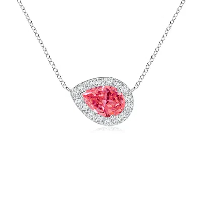 Angara Sideways Pear-shaped Lab-grown Fancy Intense Pink Diamond Halo Pendant In Metallic