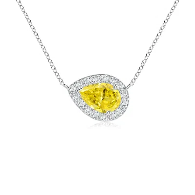 Angara Sideways Pear-shaped Lab-grown Fancy Intense Yellow Diamond Halo Pendant In Metallic