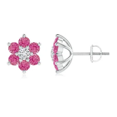 Angara Six Petal Diamond And Pink Sapphire Flower Stud Earrings