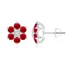 Angara Six Petal Diamond And Ruby Flower Stud Earrings In White Gold/medium Red