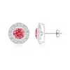 Angara Solitaire Bezel-set Round Lab-grown Fancy Intense Pink Diamond Halo Stud Earrings In White Gold/fancy Intense