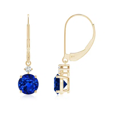 Angara Solitaire Blue Sapphire Dangle Earrings With Diamond In Gold