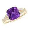 Angara Solitaire Cushion Amethyst Criss Cross Ring With Diamonds In Yellow Gold/dark Purple