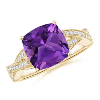 Angara Solitaire Cushion Amethyst Criss Cross Ring With Diamonds In Gold