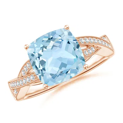 Angara Solitaire Cushion Aquamarine Criss Cross Ring With Diamonds In Gold