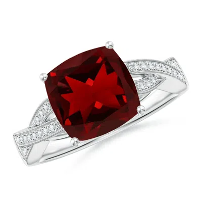 Angara Solitaire Cushion Garnet Criss Cross Ring With Diamonds In Metallic