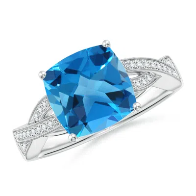 Angara Solitaire Cushion Swiss Blue Topaz Criss Cross Ring With Diamonds In Metallic