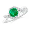 Angara Solitaire Emerald Bypass Promise Ring With Diamond Accents In White Gold/rich Medium Green