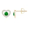 Angara Solitaire Emerald Open Heart Studs With Diamonds In Yellow Gold/rich Green