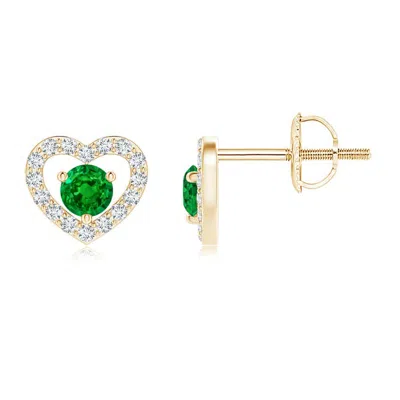 Angara Solitaire Emerald Open Heart Studs With Diamonds In Gold