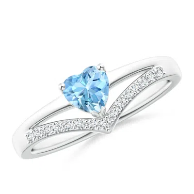 Angara Solitaire Heart Aquamarine And Diamond Chevron Ring In Metallic