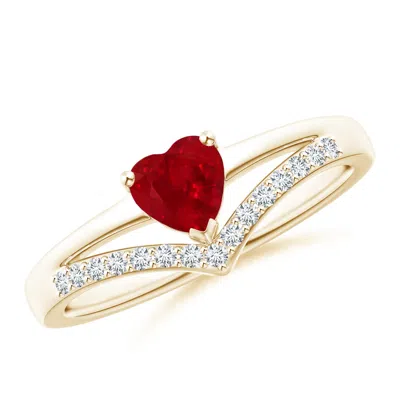 Angara Solitaire Heart Ruby And Diamond Chevron Ring In Gold