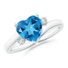 Angara Solitaire Heart Swiss Blue Topaz Bypass Ring With Diamonds In White Gold/swiss Blue