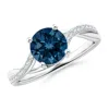 Angara Solitaire London Blue Topaz Twisted Split Shank Ring In White Gold/deep Greenish Blue