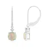 Angara Solitaire Opal Dangle Earrings With Diamond In White Gold/milky With High Play Of Colour