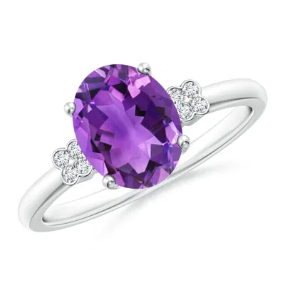 Angara Solitaire Oval Amethyst Ring With Diamond Floral Accent