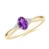 Angara Solitaire Oval Amethyst Split Shank Ring With Trio Diamonds In Yellow Gold/medium Dark Purple