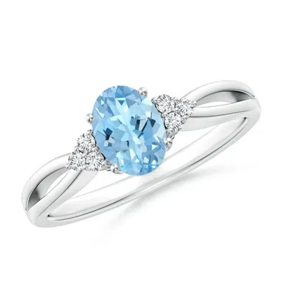 Angara Solitaire Oval Aquamarine Split Shank Ring With Trio Diamonds In Blue