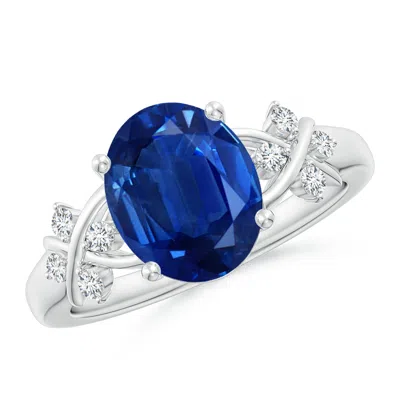 Angara Solitaire Oval Blue Sapphire Criss Cross Ring With Diamonds In Gray