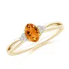 Angara Solitaire Oval Citrine Split Shank Ring With Trio Diamonds In Yellow Gold/golden